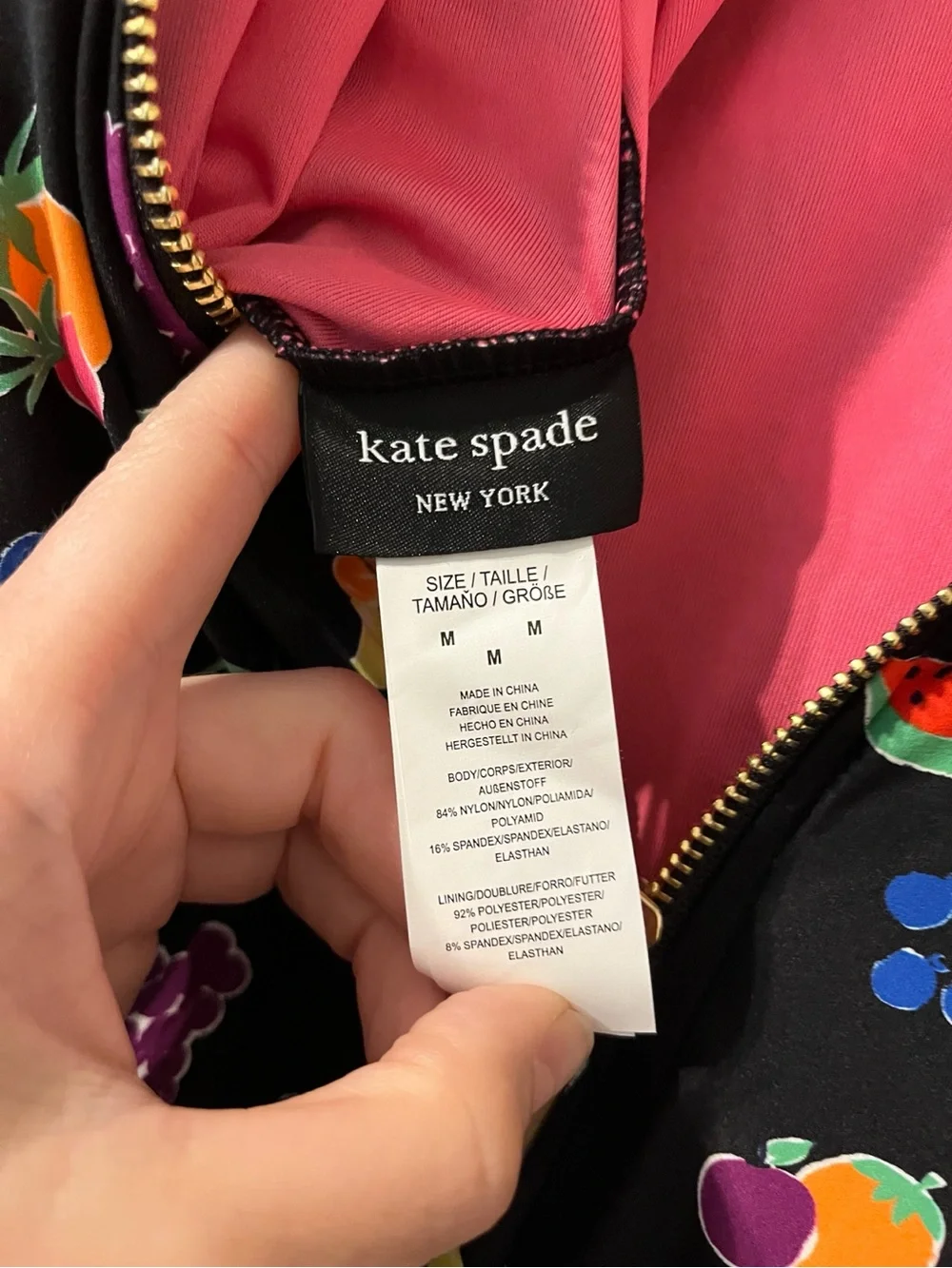 Kate Spade New York Fruit Print Long Sleeve One Piece Swimsuit NWT Gold Zip Sz M